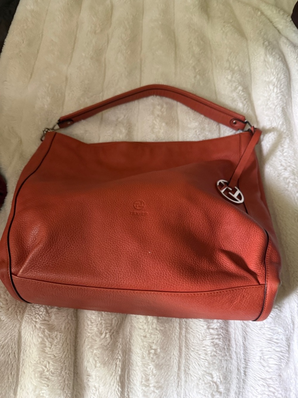 Texier Orange Pebbled Leather Shoulder Hobo with Gold Accent